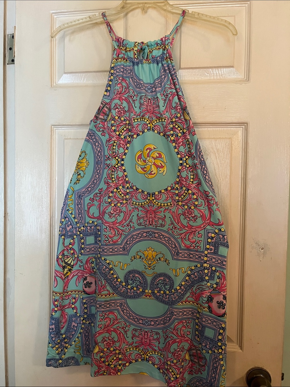 J. McLaughlin Aqua Halter Dress with Pink & Yellow Medallion Print